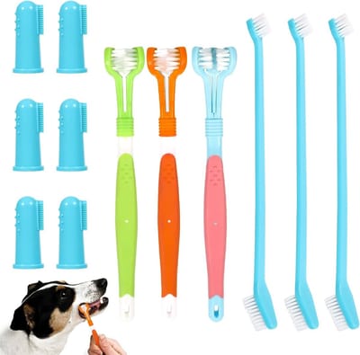 12-delige Hondentandenborstel Set met Drievoudige en Dubbele Koppen, Inclusief Silicone Vingerborstels voor Kleine en Middelgrote Honden