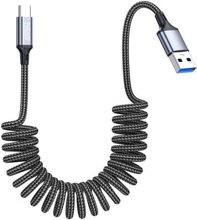 AdroitGoods USB-C Spiraal Oplaad- en Datakabel voor Auto - 60W Snelladen - USB 2.0 - CarPlay Compatibel - 40cm tot 100cm wanneer uitgetrokken