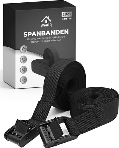 WoniQ Spanbanden - 3 meter - 2 stuks in de Verpakking - Sjorbanden - Fiets spanbanden met klemgesp - Bindriemen - Zwart