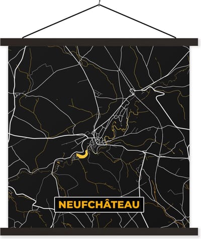 Posterhanger incl. Poster 60x60 cm - Schoolplaat - Neufchâteau - Kaart - Goud - Stadskaart - Plattegrond - Textielposter - Zwarte latten - Stadskaart