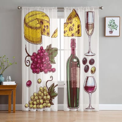 Fles en Glazen Wijn Druiventros en Kaas Chiffon Transparante Gordijnen Woonkamer Slaapkamer Raam Voiles Tule Gordijn 135W x 114H(cm) white