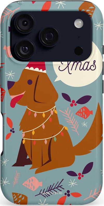Casetastic hoesje geschikt voor Apple iPhone 17 Pro - MagSafe - Dubbellaagse bescherming - Merry Christmas Hond - Fashion Case - Zilver Bruin Saliegroen Rood