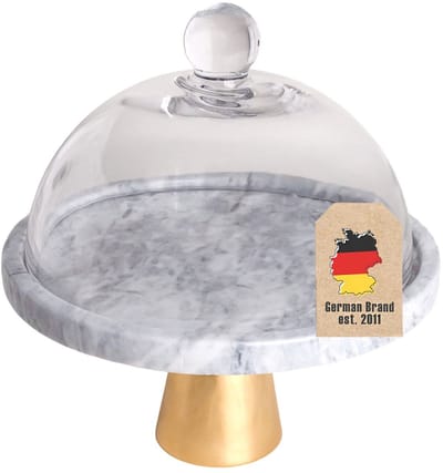 Intirilife taartplateau met glazen deksel Taartplateau met gouden bodem in marmerlook - 24,8 x 16,8 cm - Schotel voor taarten Ronde serveerplateau voor gebak