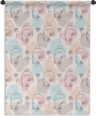 Wandkleed - Wanddoek - Vrouw - Bloemen - Line Art - Pastel - Patroon - 150x200 cm - Wandtapijt