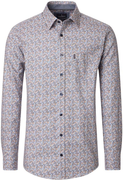 CASA MODA Sport comfort fit overhemd - twill - wit met blauw en beige dessin - Strijkvriendelijk - Boordmaat: 41 - 42