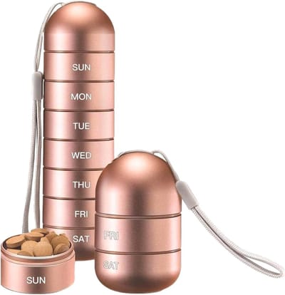 Metalen pillenorganizer wekelijks, stapelbare waterdichte pillendoos, reizen wandelen 7 dagen pillendooshoes, datumweergave, groot compartiment voor pillen, vitamines, capsules, visolie, supplementen-Roségoud