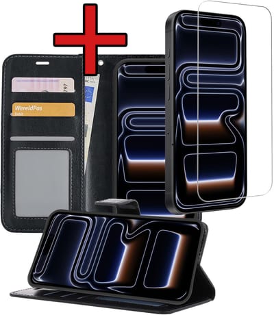 Hoesje - Met Screenprotector - Geschikt voor iPhone 17 Pro / 18 Pro - Luxe Pasjeshouder - Flipcase - Bookcase Portemonee - Flip Case - Kunstleer Book Case - Book Cover - Walletcase - Portemonneehoes - Telefoonhoes - Zwart