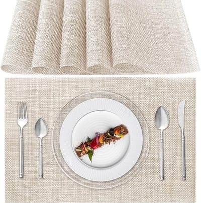 Famanu - Wasbare Placemats, set van 6 PVC Ontbijt Placemats, antislip, Hittebestendig, Voor de Keukentafel, Beige