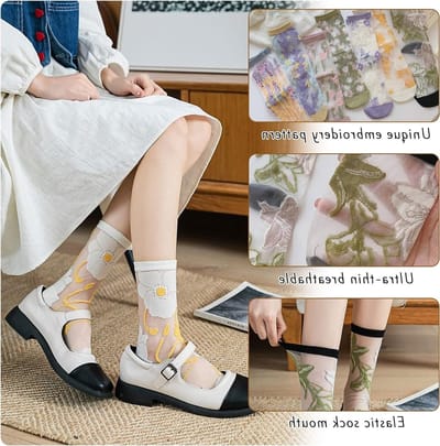 Elegante Bloemenprint Borduursokken voor Dames - Ademend Mesh, Casual Hoge Kousen voor Vrouwen en Meisjes, One Size