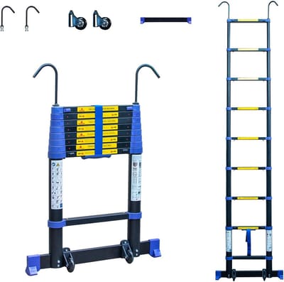 Telescopische aluminium laddertot 3,5 m hoogte - inklapbaar met soft-close en wielen