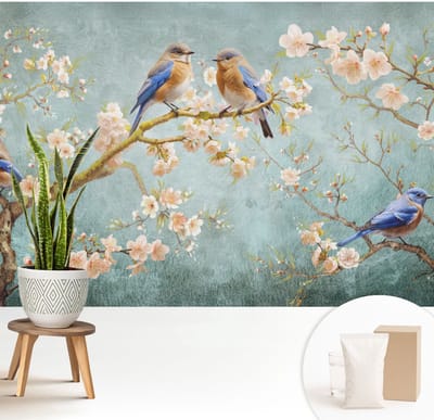 Wallfluent Behang - Lente vogels Vliesbehang - 208x146 cm - Blauw Behang - Voor natuurliefhebbers - Behang Voor de slaapkamer, woonkamer en kantoor - Behangrol Bloemen en planten