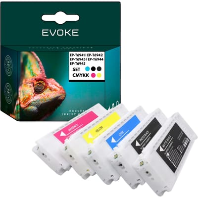 Evoke Compatibele Inkt voor Epson T6941 T6942 T6943 T6944 T6945 5X: Foto Zwart, Mat Zwart, Cyaan, Magenta, Geel 3500 ml 25000 Pagina's Surecolor Sc-T3000 T3200 T3200-Ps T3200N T5000 T5200 T5200D T7000