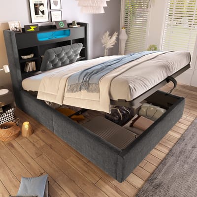 VVBV Gestoffeerd Opbergbed 90x200 cm - LED-Verlichting, USB-C Laadstation, Lades, Opbergruimte - Linnen Grijs Zonder Matras