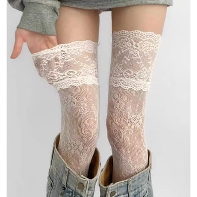1 Paar Sexy Dames Bloemig Gaas Kant Hoge Kousen Over de Knie Kousen Lolita Stijl Meisjes Lange Been Laars Sokken One Size beige