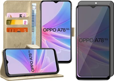 Hoesje geschikt voor Oppo A58 5G / A78 5G - Privacy Screenprotector Volledig Dekkend Glas - Portemonnee Book Case Goud