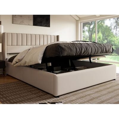 Merax Opbergbed 180 x 200 cm - linnen stof - lattenbodem - beige