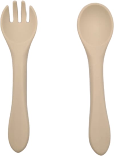 Baby bestekset - Kinderbestek - Oefenbestek - Buigzaam - Flexibel - Vork en lepel - Peuterbestek - Beige