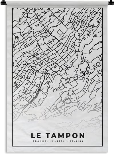 Wandkleed - Wanddoek - Stadskaart - Plattegrond - Kaart - Le Tampon - Frankrijk - Zwart wit - 120x180 cm - Wandtapijt