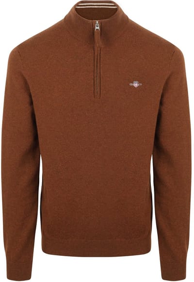 Gant Halfzip Wol Trui Logo Bruin - Maat L - Heren - Quarter zip
