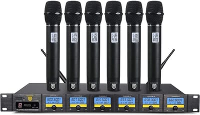 Draadloos Microfoonsysteem - UHF Zes Kanaals - Feest Bruiloft Kerk - Zes Unidirectionele Microfoons - 200 Voet Bereik - Zwart