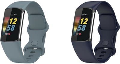 Strap-it Bundel van 2 Siliconen Classic Bandjes - Geschikt voor Fitbit Charge 5 Maat: S - Donkerblauw & Grijsblauw - Sportbandje - Sportarmband - Siliconen Band - Waterbestendig & zweetbestendig