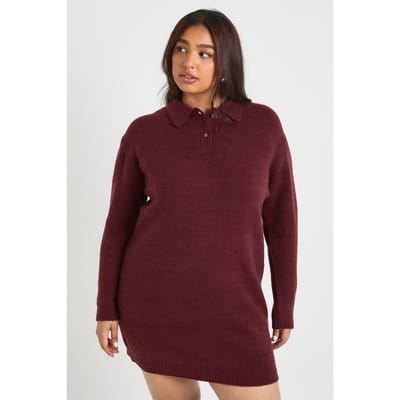 boohoo Dames PLUS MET KRAAG, LANGE MOUW GEBREIDE TRUI-JURK | Burgundy | Maat: 22