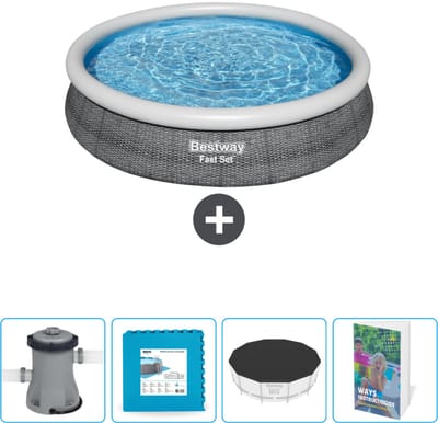 Bestway Rond Opblaasbaar Fast Set Zwembad - Rotanprint - 366 x 76 cm - Inclusief Pomp Vloertegels - Afdekzeil - Zwembadgids