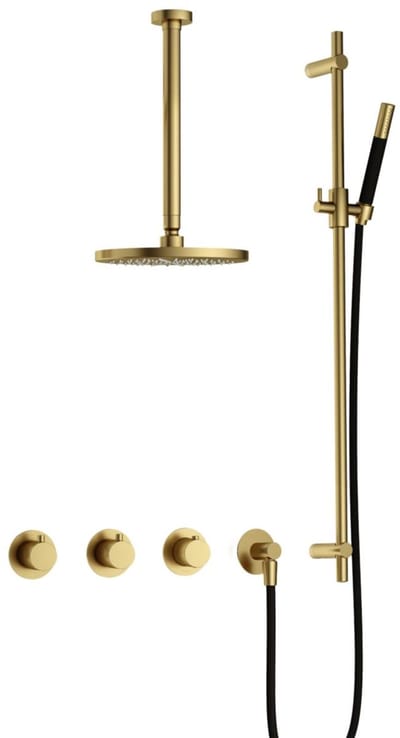 Hotbath Cobber IBS70 inbouw regendoucheset met staafhanddouche aan glijstang en 20cm ronde hoofddouche aan 30cm plafondarm geborsteld messing PVD