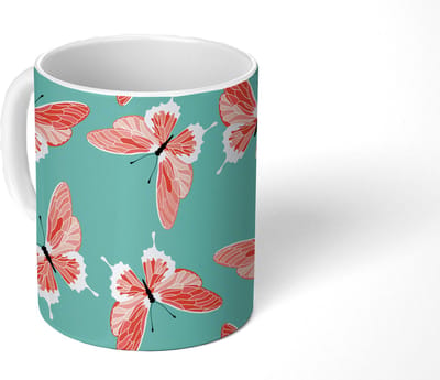 Mok - Koffiemok - Vlinders - Roze - Patroon - Mokken - 350 ML - Beker - Koffiemokken - Theemok