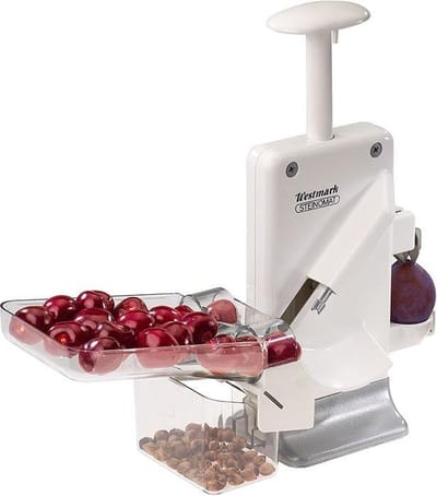 Westmark Kersen- en pruimenontpitter, multi-ontpitter: voor 2 vruchten tegelijk, hoogte: 32,5 cm, kunststof/roestvrij staal/aluminium, Steinomat, wit/zilver, 40602260
