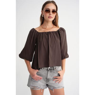 Modal Gemengde Blouse met Madonna Kraag en Rimpeldetail