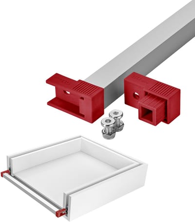 SOTECH VarioSlide Pat. Met één hand te sluiten voor frontloze laden, 1.200 mm breed, geanodiseerd aluminium met rode adapter voor zware laden VarioSlide KV2-100-H53-Lxxx-EH en KV2-200-H76-Lxxx-EH
