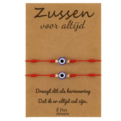 Vriendschapsarmbandjes voor 2 "Zussen voor altijd" - Red Eye - Sisters Armbandjes met Cadeau Kaartje - Rood - Elastisch Verstelbaar - Pax Amare