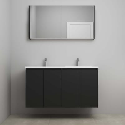 On-Line Badkamermeubelset - 120 cm - Bouwpakket - Greeploos 4 Deuren - Acryl Wastafel - 2 Kraangaten - Spiegelkast - Mat Zwart