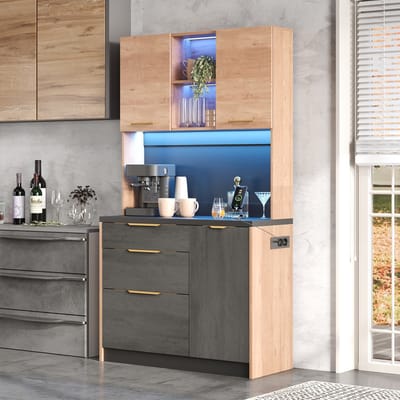 MODENUIT Keukenkast - Hoge Opbergkast Met LED, Laden En Stopcontact - Voor Keuken En Woonkamer - MDF - Neutraal