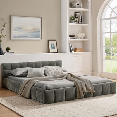 MODENUIT Tweepersoonsbed 140x200 cm – Chenille bekleding met vierkante stiksels – Zonder matras – Hout-metaal frame – Donkergrijs