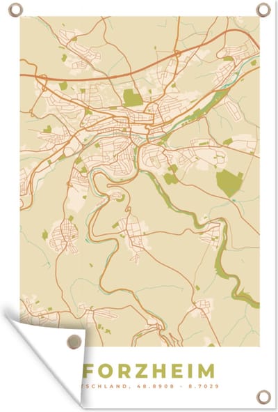 Muurdecoratie Pforzheim - Plattegrond - Vintage - Stadskaart - Kaart - 120x180 cm - Tuinposter - Tuindoek