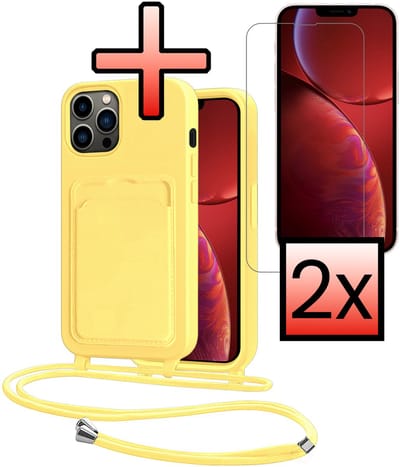 Hoes Geschikt voor iPhone 13 Pro Hoesje Pasjeshouder Cover Met Koord Case Siliconen Hoes Met Telefoonkoord en Kaarthouder Met 2x Screenprotector - Geel