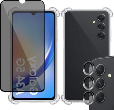 Hoesje geschikt voor Samsung A34 + Privé Screenprotector + Beschermglas Camera Lens - Privacy Tempered Glass - Case Transparant