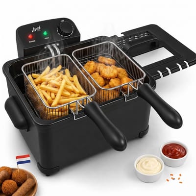 Frituurpan - 5 Liter - 3 Manden - Kijkvenster - Friteuse - Koude Zone - Zwart- Vivid Green