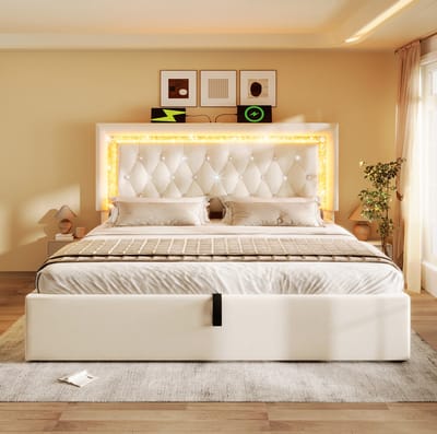 MEUNIQ tweepersoons bed 140x200 cm met LED hoofdbord, USB en Type-C laadstation, hydraulische opbergruimte en lattenbodem, stof in beige, zonder matras
