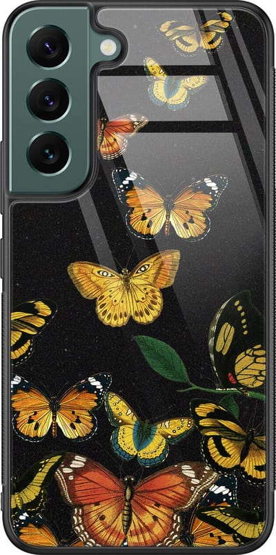 Hoesje geschikt voor Samsung Galaxy S22 - Vlinders - Luxe Glazen Hardcase - Marmer - Goud