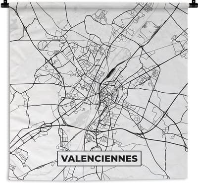 Wandkleed - Wanddoek - Kaart - Plattegrond - Frankrijk - Stadskaart - Valenciennes - Zwart wit - 180x180 cm - Wandtapijt