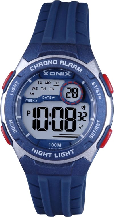 Xonix BBO-006 - Horloge - Polshorloge - Digitaal - Kinderen - Unisex - Rond - Siliconen band - ABS - Schermverlichting - Alarm - Datumaanduiding - Start-Stop - Tweede tijdzone - 12/24H - Chronograaf - DonkerBlauw - LichGrijs - Rood
