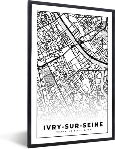 Fotolijst incl. Poster Zwart Wit- Kaart - Ivry-sur-Seine - Stadskaart - Frankrijk - Plattegrond - Zwart wit - 40x60 cm - Posterlijst