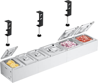Pizza Topping Station van RVS, Multi-Compartment Ingrediënten Container voor Pizzabeleg, 39 cm, Set van 6, Perfect voor Horeca en Thuisgebruik