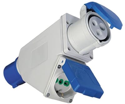 Industriële stekker CEE 16 A met bypass-stopcontact IP44 voor werkplaats en buiten