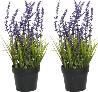 Everlands Lavendel - 2x stuks - kunstplant in pot - violet paars - D15 x H30 cm
