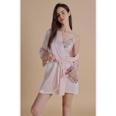 Ensemble Nuisette 2 Pièces en Soie à Manches Longues Nuisette en Dentelle Brodée Nuisette en Soie de Mûrier pour Femme Peignoir en Satin Crêpe 2XL