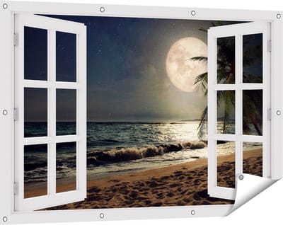 Gards Tuinposter Doorkijk Tropisch Strand in de Nacht met Volle Maan - 120x80 cm - Tuindoek - Tuindecoratie - Wanddecoratie buiten - Tuinschilderij